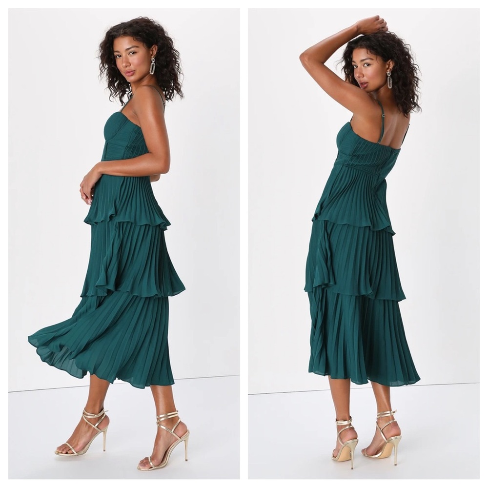 Lulus Cascading Crush Emerald Green Tiered Bustier Midi Dress
